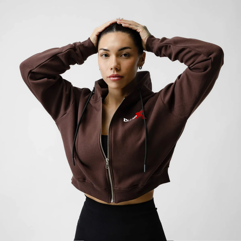 Cropped Zip-Up Hoodie - Brown